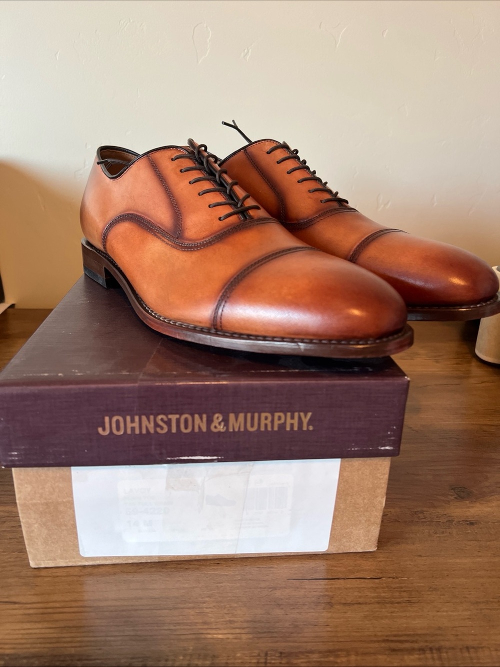 Johnston & Murphy Men's Plain Toe Tan Full Grain Leather Oxford Shoes